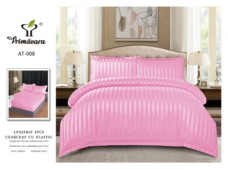 Lenjerie de pat Damasc,4 Piese,Cearceaf cu Elastic,Roz-RP08 [1]