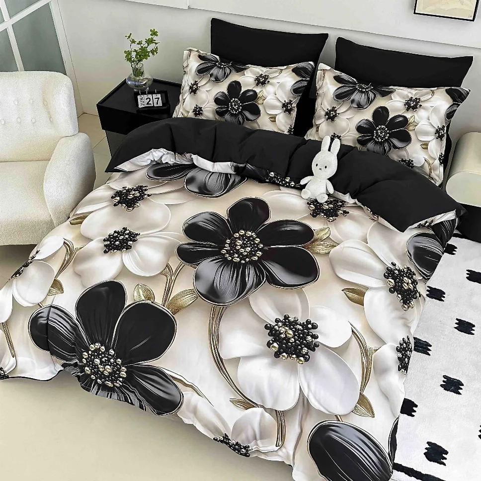 LENJERII DE PAT - Lenjerie de pat din finet, alb cu flori negre si aurii-LD38