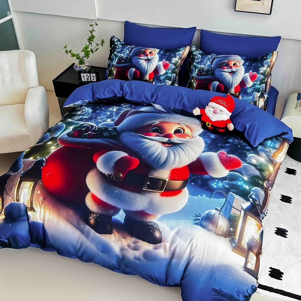 LENJERII DE PAT - Lenjerie de pat din finet, albastru cu Moș Crăciun vesel-LD29