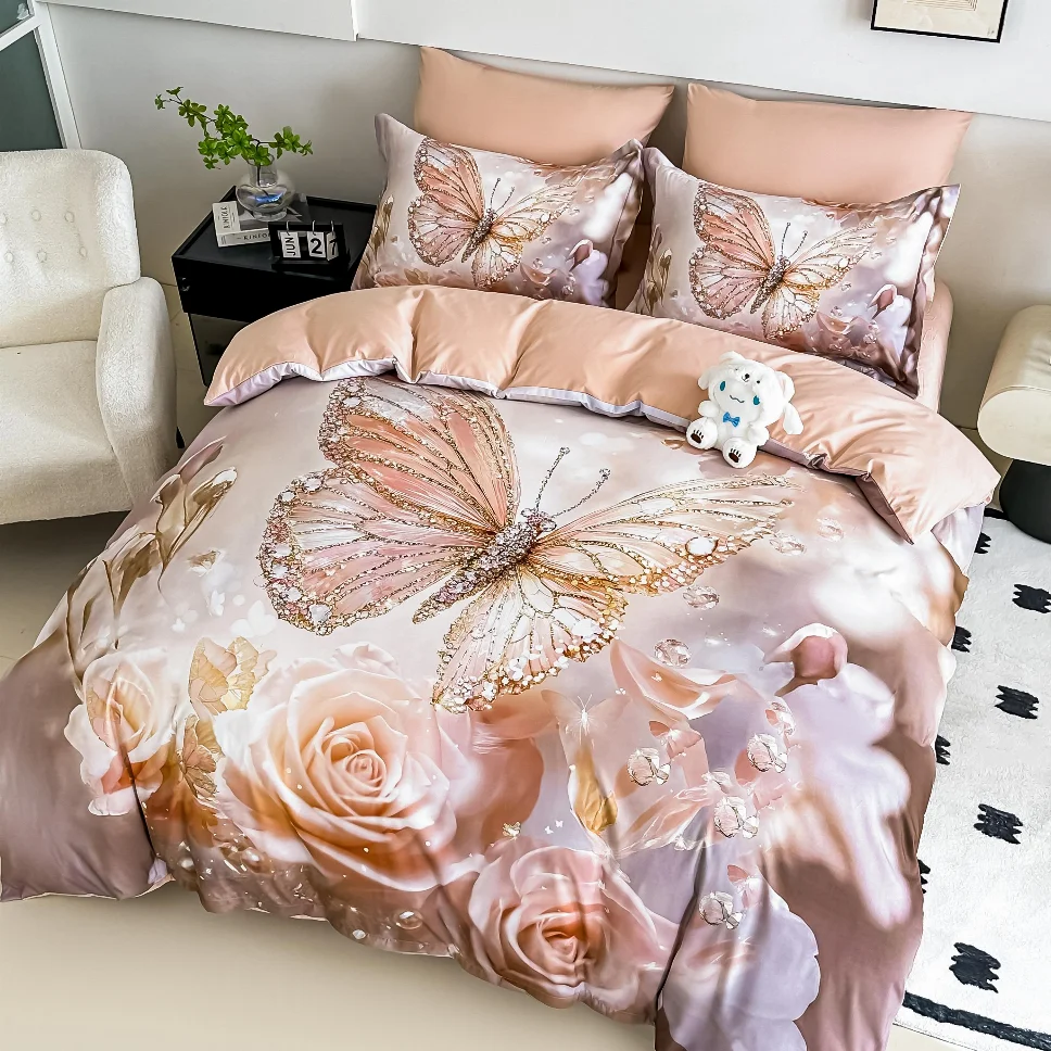 LENJERII DE PAT - Lenjerie de pat din finet, bej cu fluturi și trandafiri-LD42