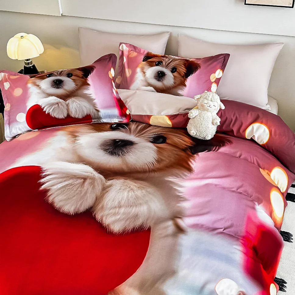 Lenjerie de pat din finet, cu cățeluș și inimă roșie-LD43 [1]