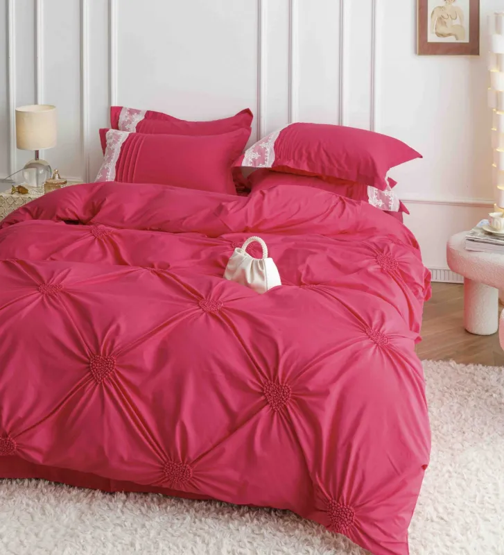 Lenjerie de pat din finet, cu pliuri si inimioare brodate,Fucsia-BR8 [3]