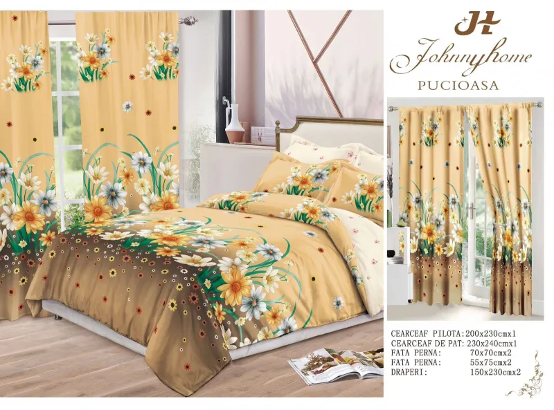 Lenjerie de pat Finet, 6 piese+ 2 Draperii CADOU,Bej,Flori de camp-FD18 [1]