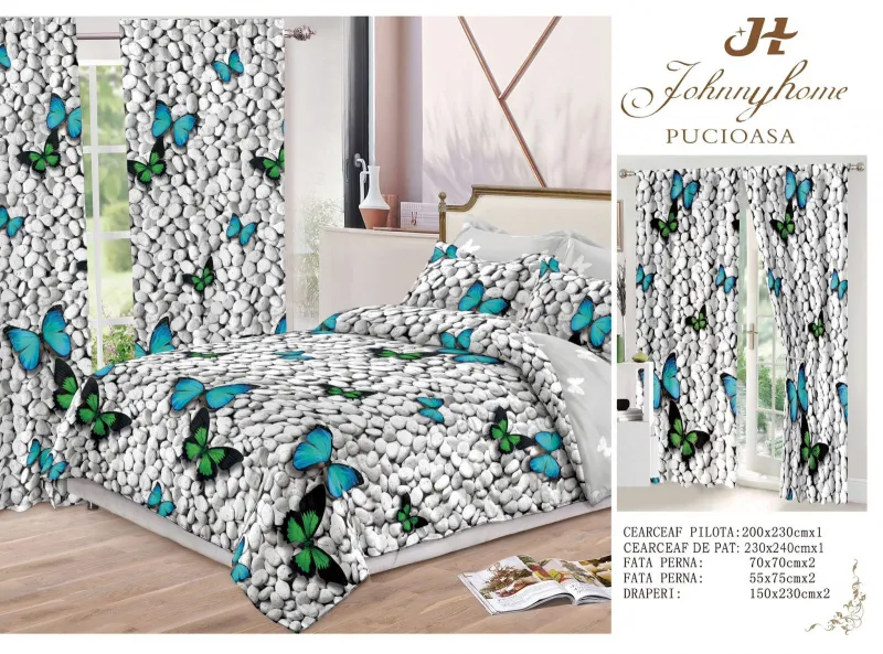 Lenjerii de pat Finet + 2 Draperii - Lenjerie de pat Finet, 6 piese+ 2 Draperii CADOU,Fluturi si pietre-FD14