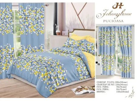 Lenjerie de pat Finet, 6 piese+ 2 Draperii CADOU,Galben-Gri-FD05 [1]