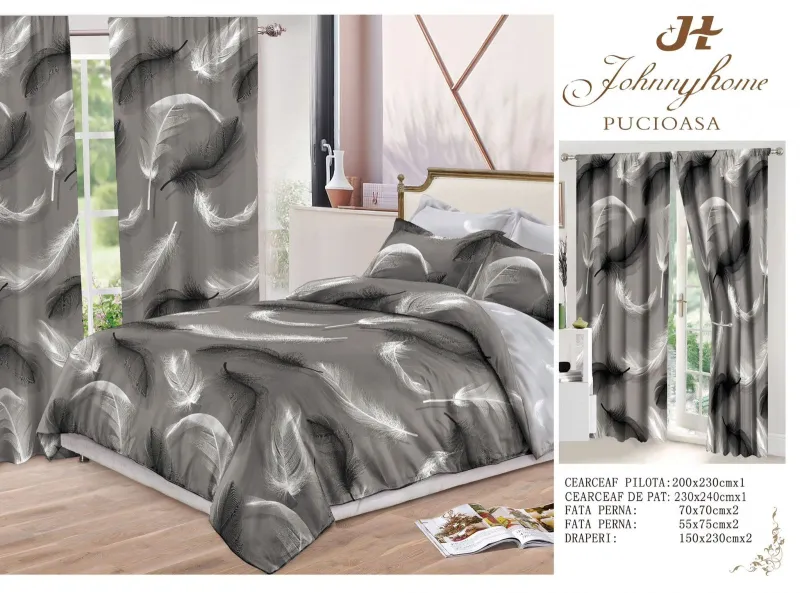 Lenjerii de pat Finet + 2 Draperii - Lenjerie de pat Finet, 6 piese+ 2 Draperii CADOU,Gri cu Pene-FD09