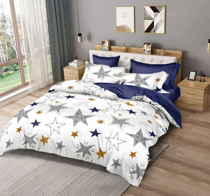 LENJERII DE PAT 1+1 GRATIS - Lenjerie de pat Finet  6 piese,Alb/Albastru cu stele colorate-KY7