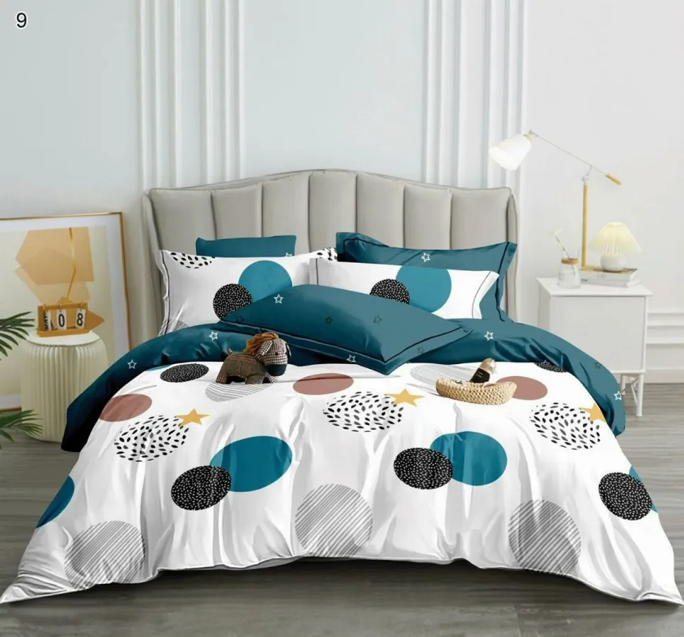 OFERTA 1+1 - Lenjerie de pat Finet 6 piese, alb cu buline turquoise si negre-LP9