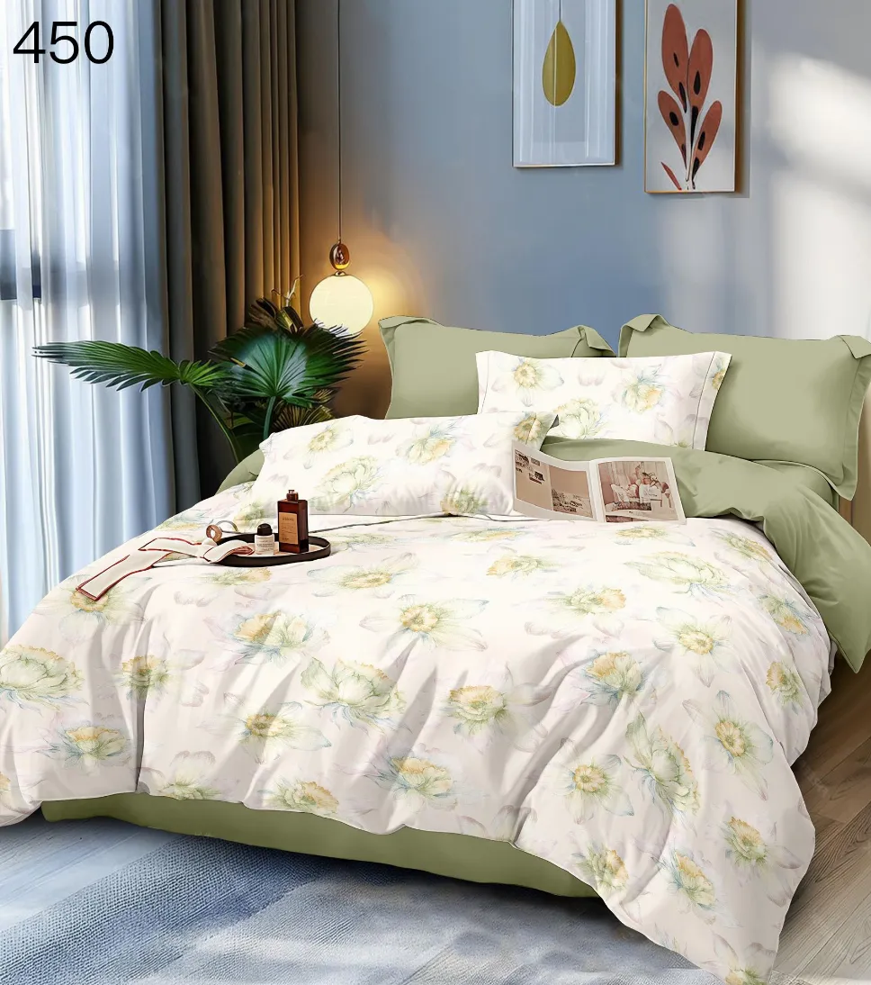 LENJERII DE PAT 1+1 GRATIS - Lenjerie de pat Finet 6 piese, alb cu flori delicate verzi și galbene-GR450
