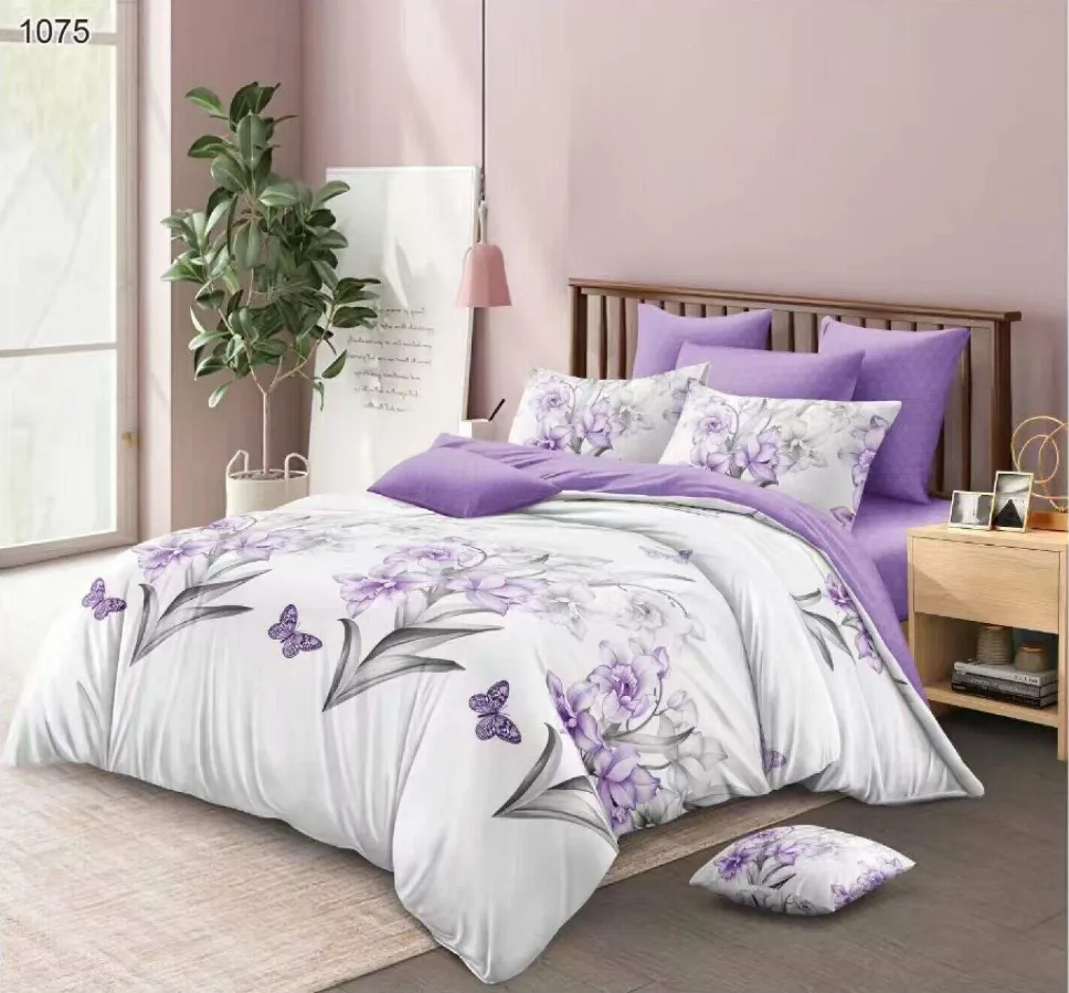 OFERTA 1+1 - Lenjerie de pat Finet 6 piese, alb cu flori lila și fluturi-LP1075