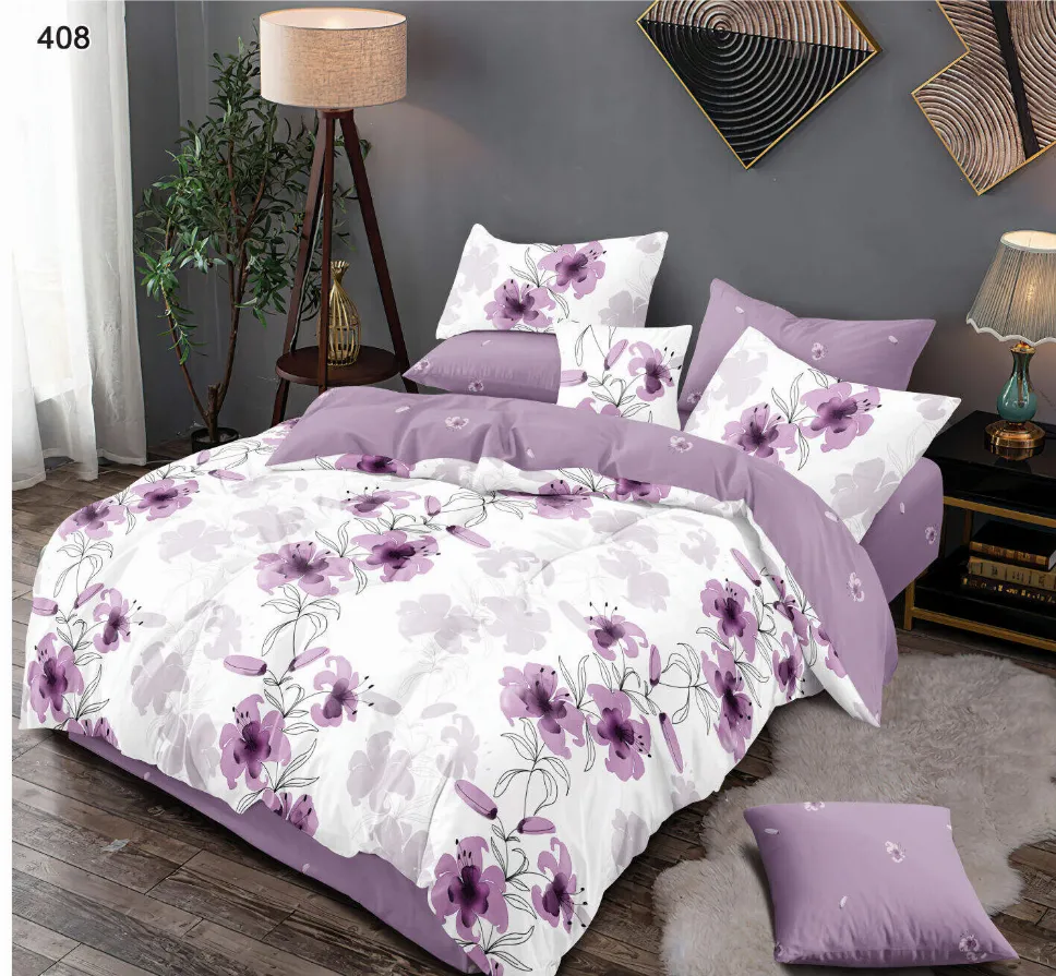 OFERTA 1+1 - Lenjerie de pat Finet 6 piese, alb cu flori mov vibrante-LP408