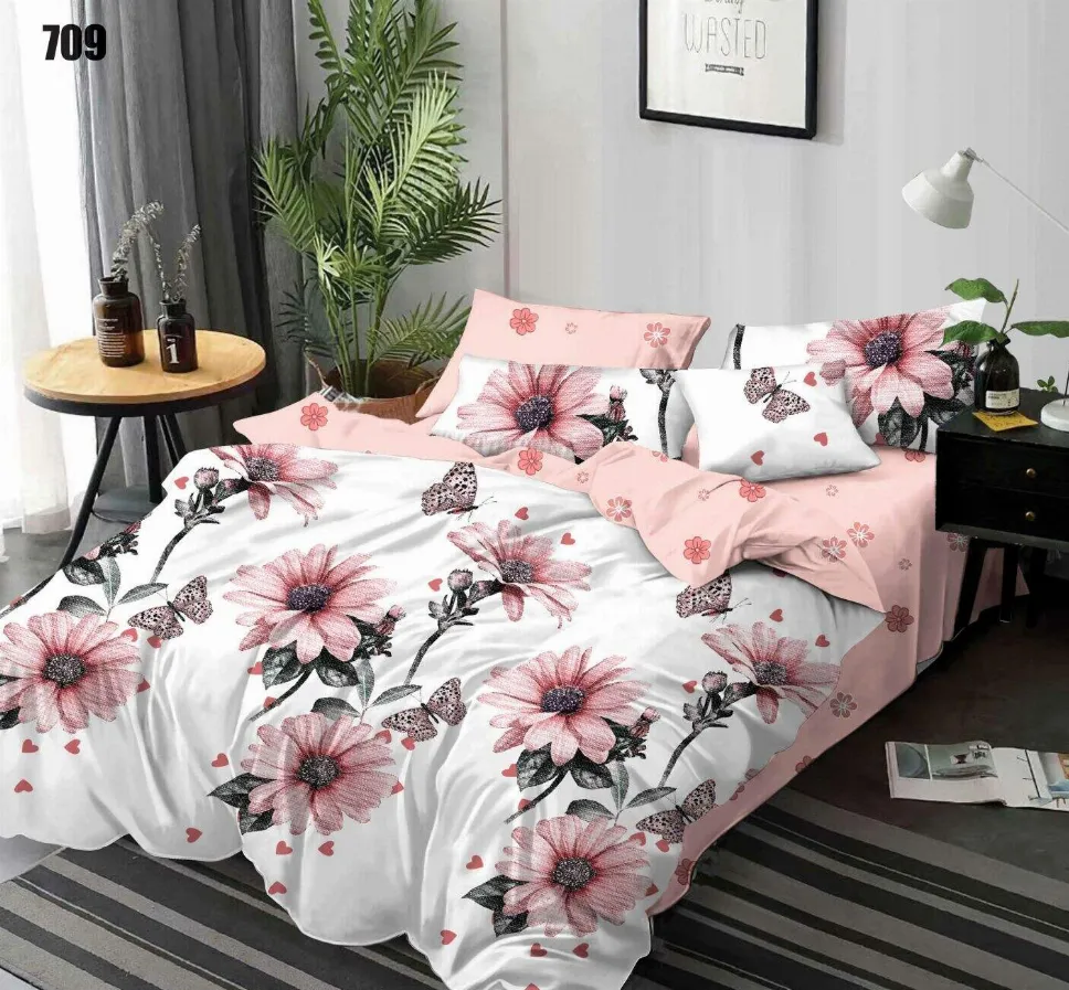 OFERTA 1+1 - Lenjerie de pat Finet 6 piese, alb cu flori roz si fluturi-LP709
