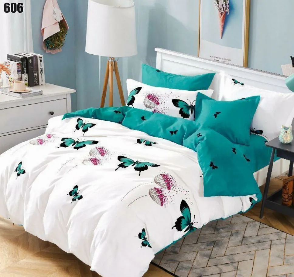 OFERTA 1+1 - Lenjerie de pat Finet 6 piese, alb cu fluturi verzi si roz-LP606