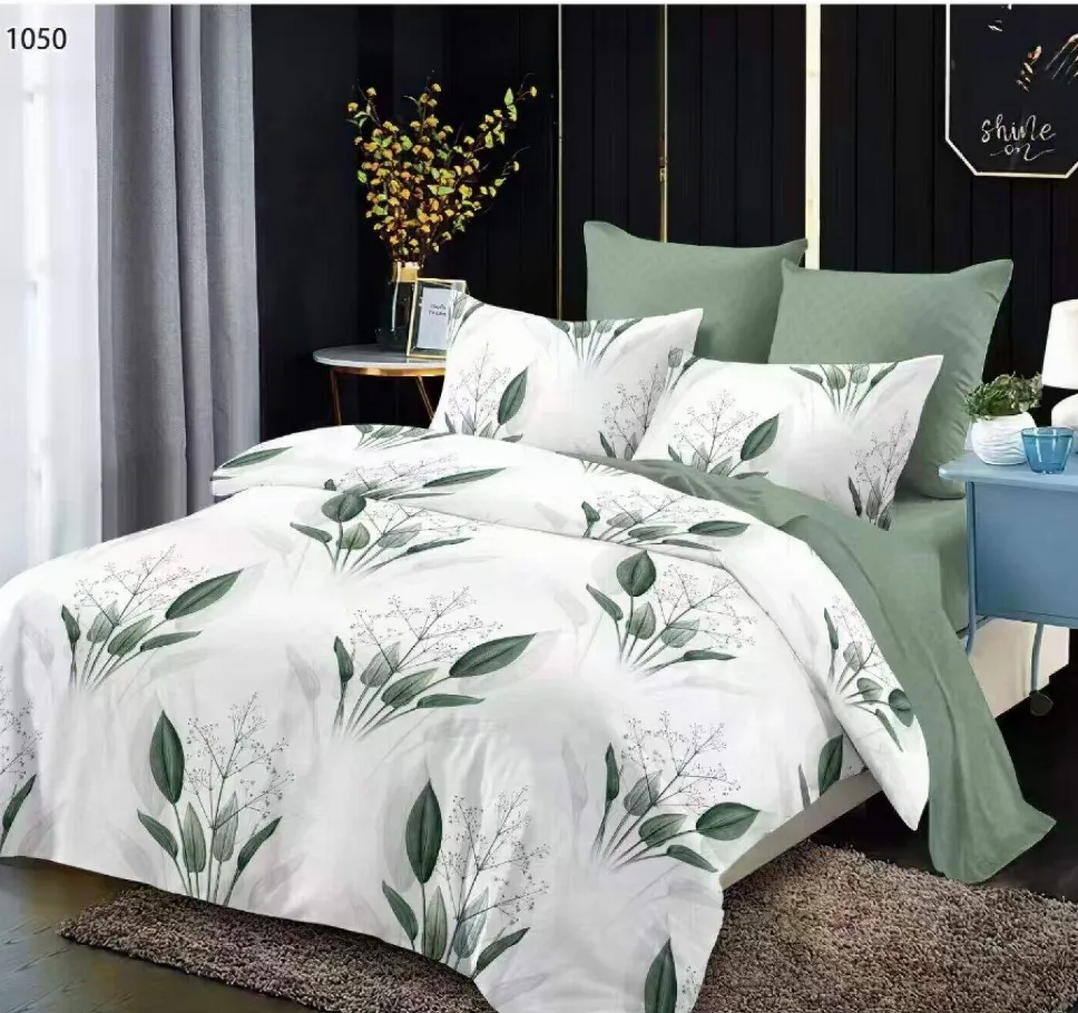 OFERTA 1+1 - Lenjerie de pat Finet 6 piese, alb cu frunze verzi stilizate-LP1050