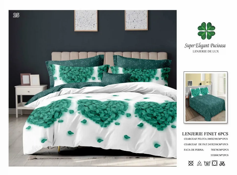 OFERTA 1+1 - Lenjerie de pat Finet 6 piese, alb cu inimi verzi din petale-LP25