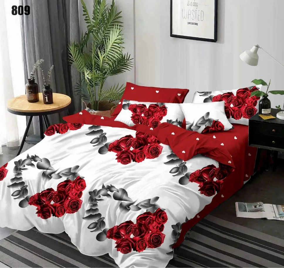OFERTA 1+1 - Lenjerie de pat Finet 6 piese, alb cu trandafiri rosii si gri-LP809