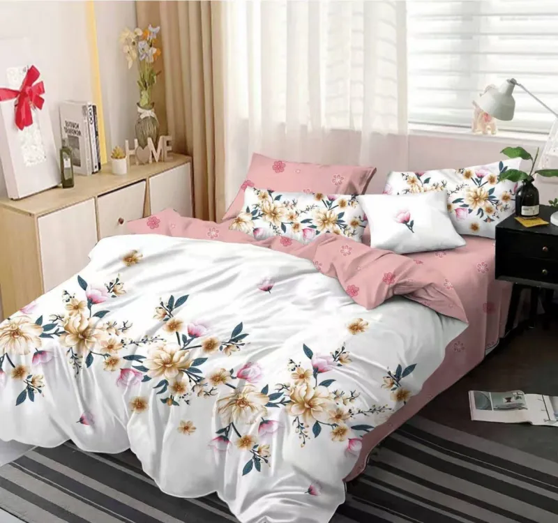 LENJERII DE PAT 1+1 GRATIS - Lenjerie de pat Finet  6 piese,Alb/Roz cu Floricele-KY12