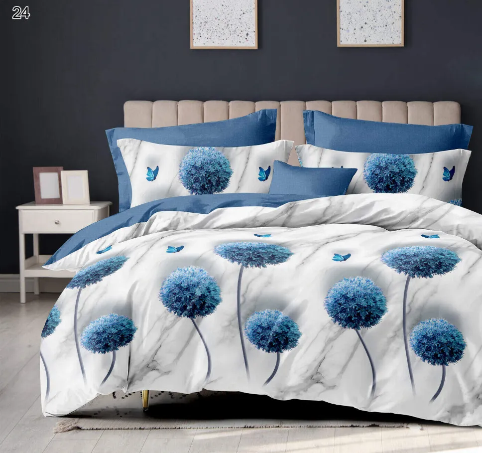 OFERTA 1+1 - Lenjerie de pat Finet 6 piese, albă cu flori albastre și fluturi-LP24