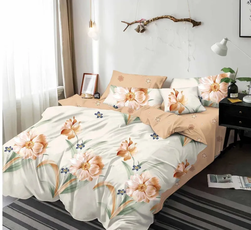 LENJERII DE PAT 1+1 GRATIS - Lenjerie de pat Finet  6 piese,Bej/Gri,Flori pastelate-KY76