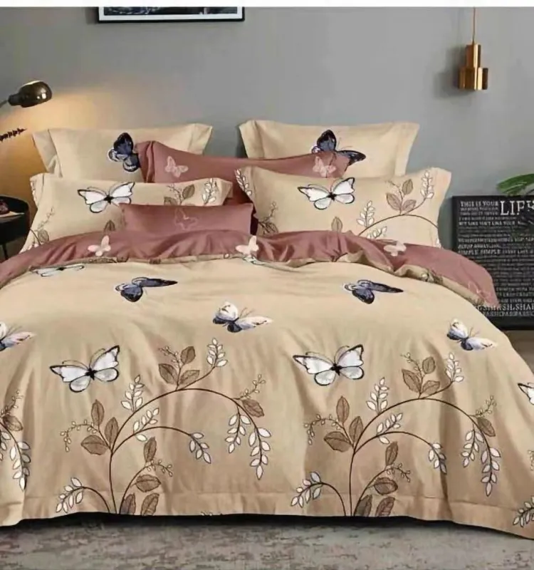 LENJERII DE PAT 1+1 GRATIS - Lenjerie de pat Finet  6 piese,Bej/Maro cu Fluturas-KY64