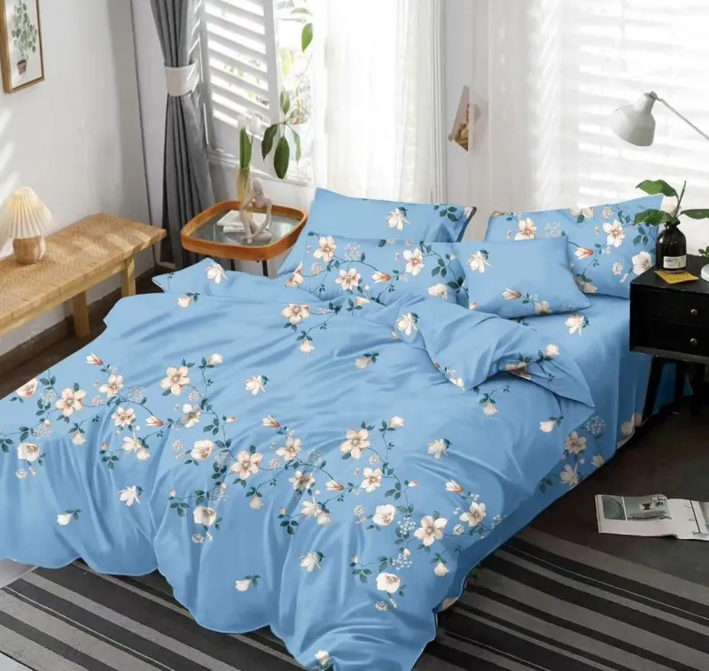 LENJERII DE PAT 1+1 GRATIS - Lenjerie de pat Finet  6 piese,Bleu cu floricele albe-KY60