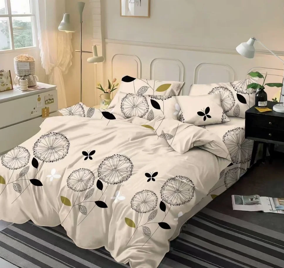 BLACK FRIDAY LENJERII - Lenjerie de pat Finet 6 piese, crem cu păpădii negre și fluturi-KY100