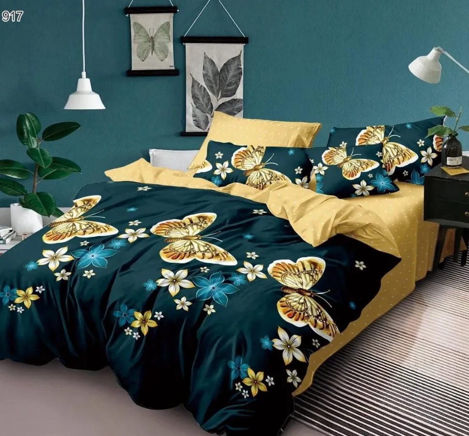 OFERTA 1+1 - Lenjerie de pat Finet 6 piese, cu fluturi aurii și flori albastre-LP917