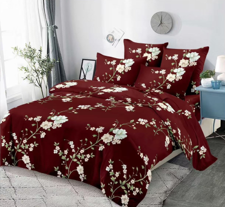 LENJERII DE PAT 1+1 GRATIS - Lenjerie de pat Finet 6 piese,Grena cu floricele-KY112