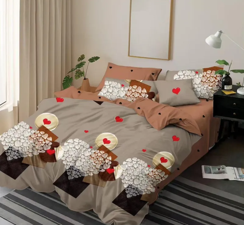 LENJERII DE PAT 1+1 GRATIS - Lenjerie de pat Finet  6 piese,Gri/Maro cu Inimioare-KY79