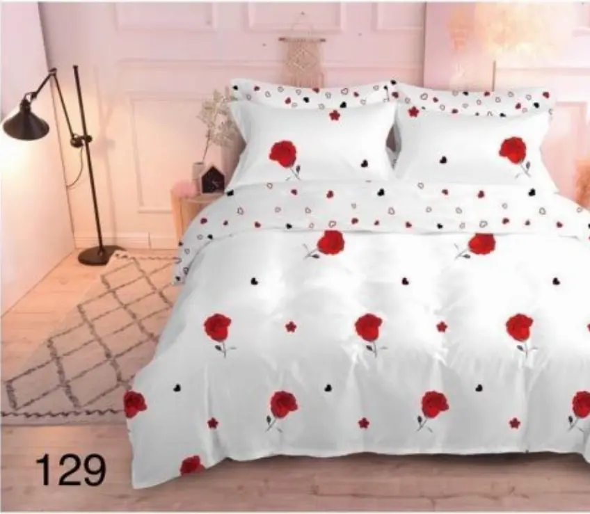 LENJERII DE PAT 1+1 GRATIS - Lenjerie de pat Finet 6 piese,Pat dublu,Alb,cu trandafiri rosii-GR129