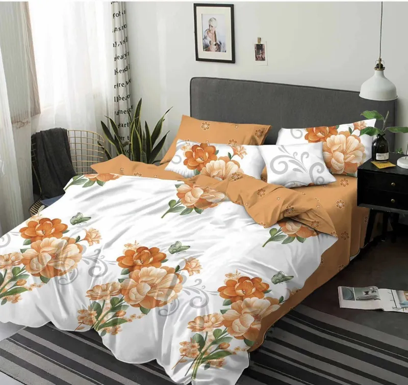 LENJERII DE PAT 1+1 GRATIS - Lenjerie de pat Finet  6 piese,Portocaliu cu Flori-KY73