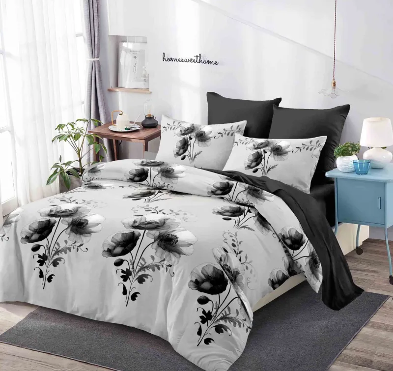 OFERTA 1+1 - Lenjerie de pat Finet 6 piese Primavara,Gri/Negru cu Maci-LC172