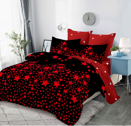 LENJERII DE PAT - Lenjerie de pat Finet 6 piese Primavara,Rosu/Negru cu stelute -LC169