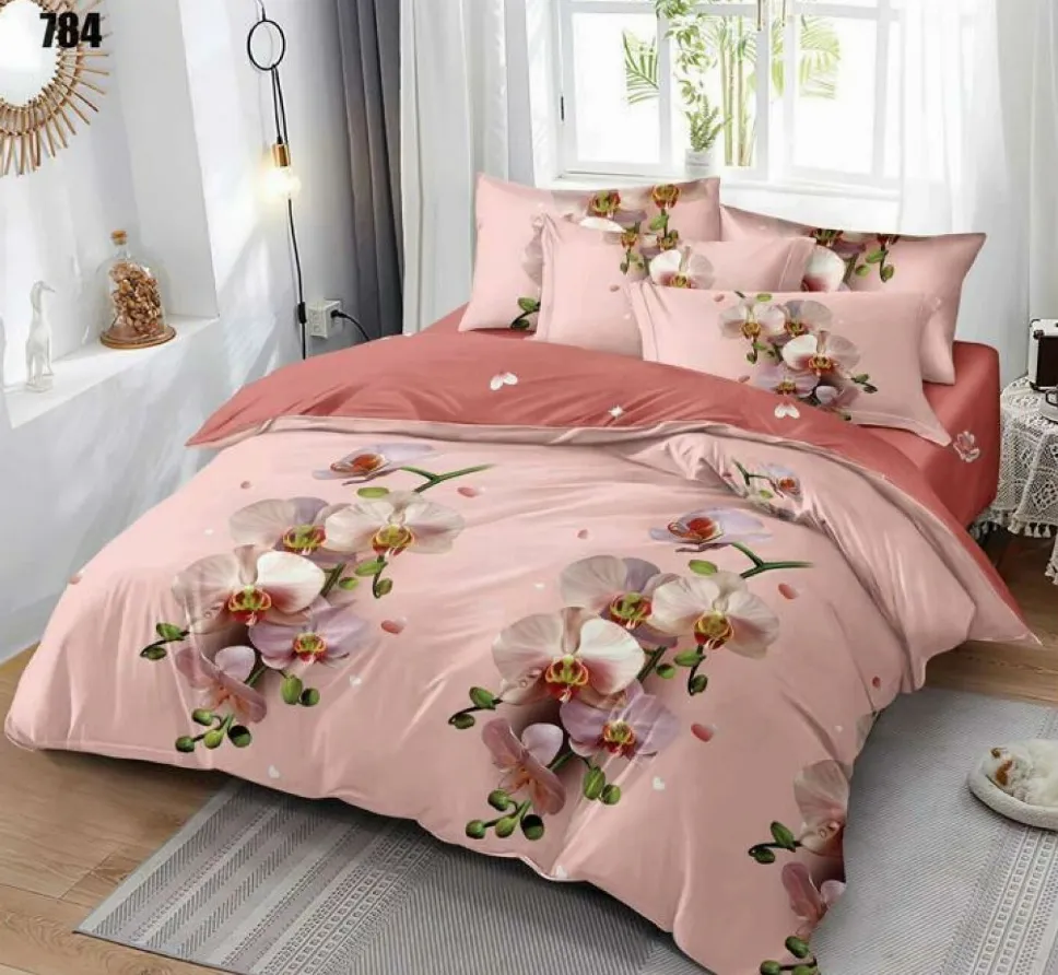 OFERTA 1+1 - Lenjerie de pat Finet 6 piese, roz cu flori de orhidee delicate-LP784