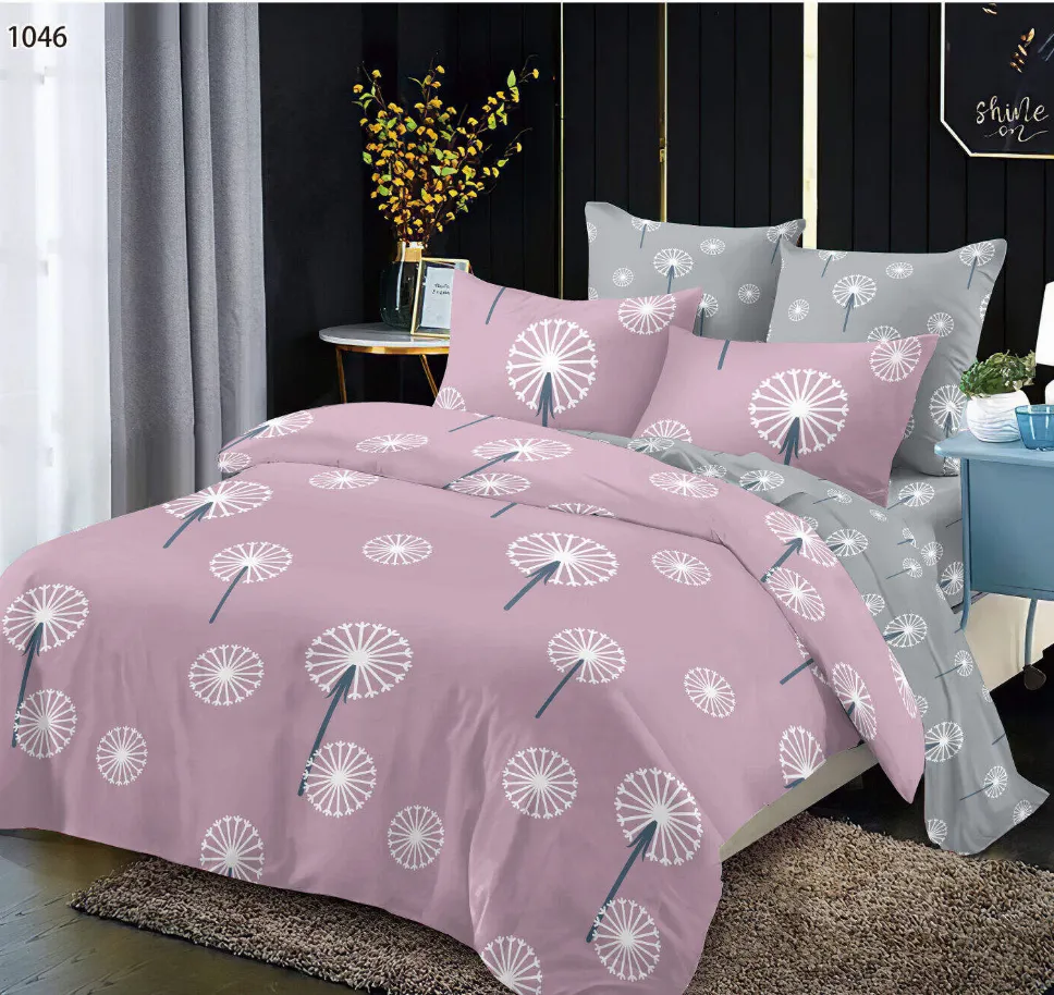 OFERTA 1+1 - Lenjerie de pat Finet 6 piese, roz cu păpădii albe și gri-LP1047