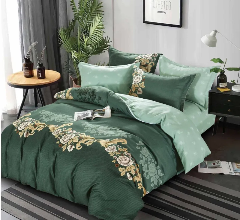 LENJERII DE PAT 1+1 GRATIS - Lenjerie de pat Finet  6 piese,Verde cu Frunze stilizate-KY45