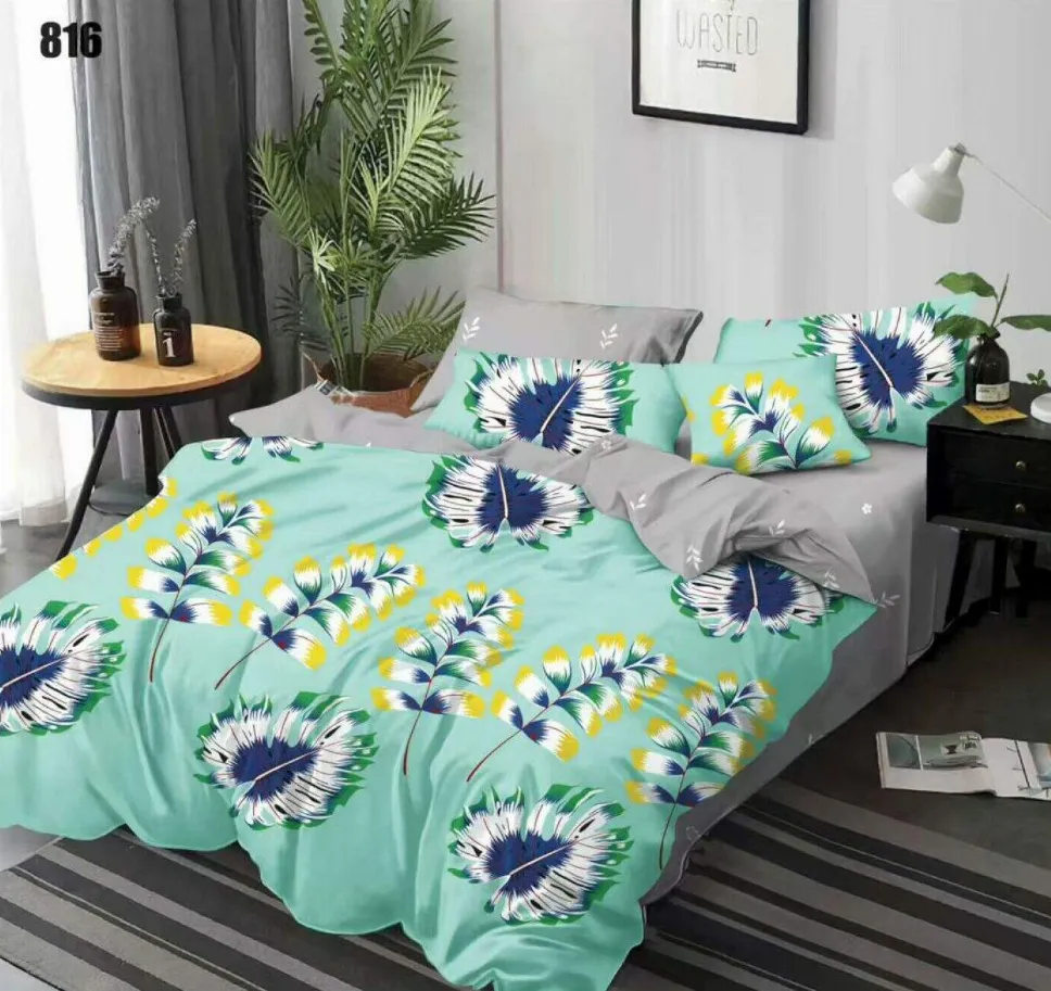 OFERTA 1+1 - Lenjerie de pat Finet 6 piese, verde menta cu flori albastre si galbene-LP816