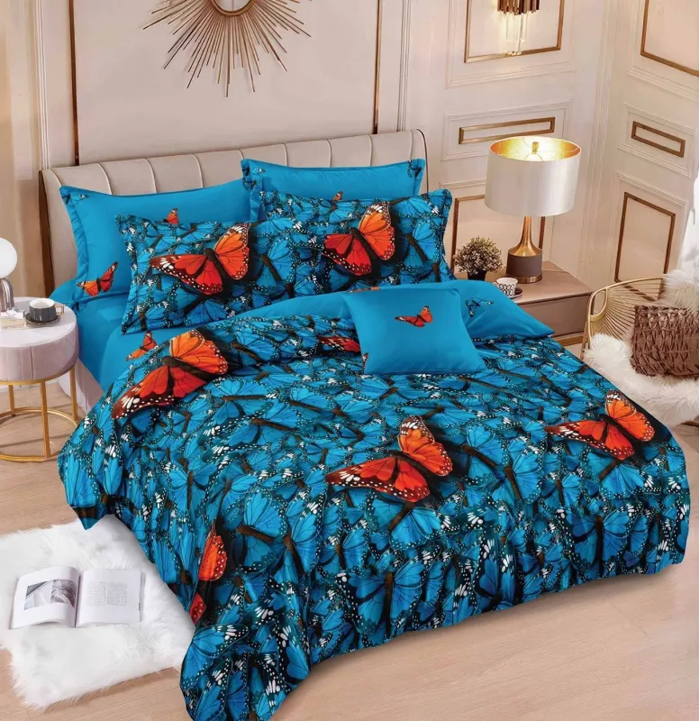 Lenjerii de pat Finet Pucioasa - Lenjerie de pat Finet Pucioasa 6 piese,Albastru cu Fluture Rosu-R589