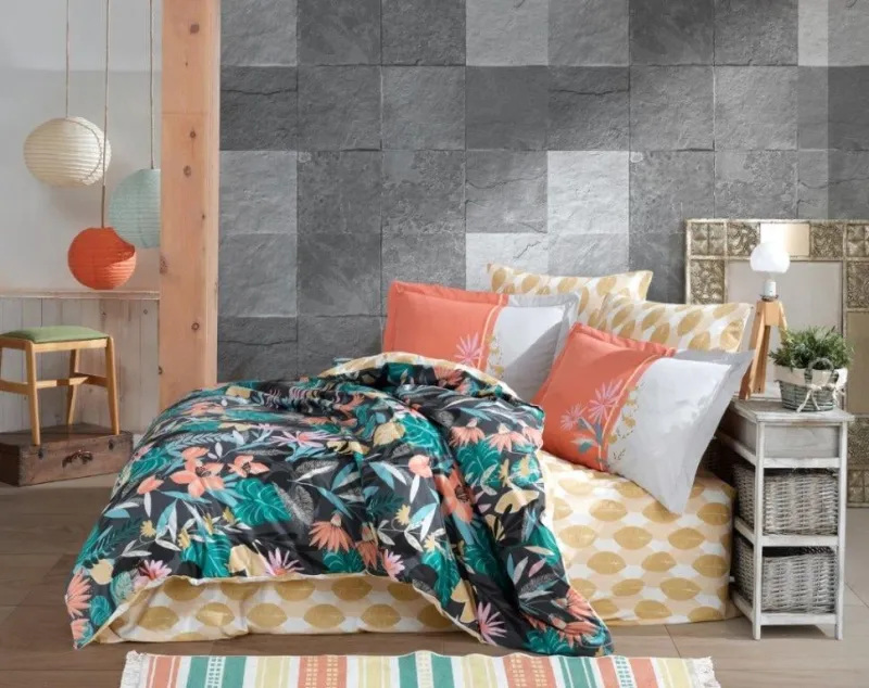 Lenjerii de pat Bumbac Poplin - Lenjerie Pat 2 Persoane Hobby Monstera – Orange-POP79
