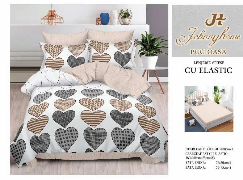Lenjerii de pat cu Elastic - Lenjerii de pat Finet 6 piese cu Elastic, alb cu inimioare maro si gri-T82