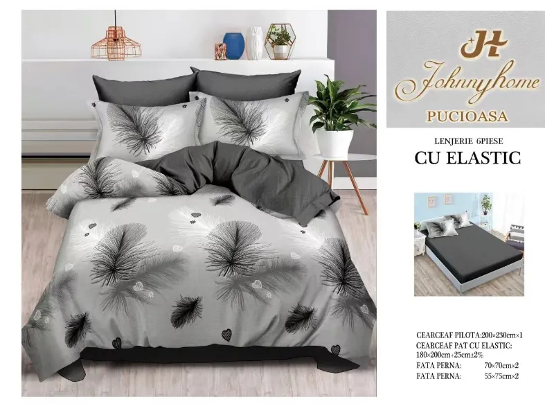 Lenjerii de pat cu Elastic - Lenjerii de pat Finet 6 piese cu Elastic, alb cu pene negre si gri-T318