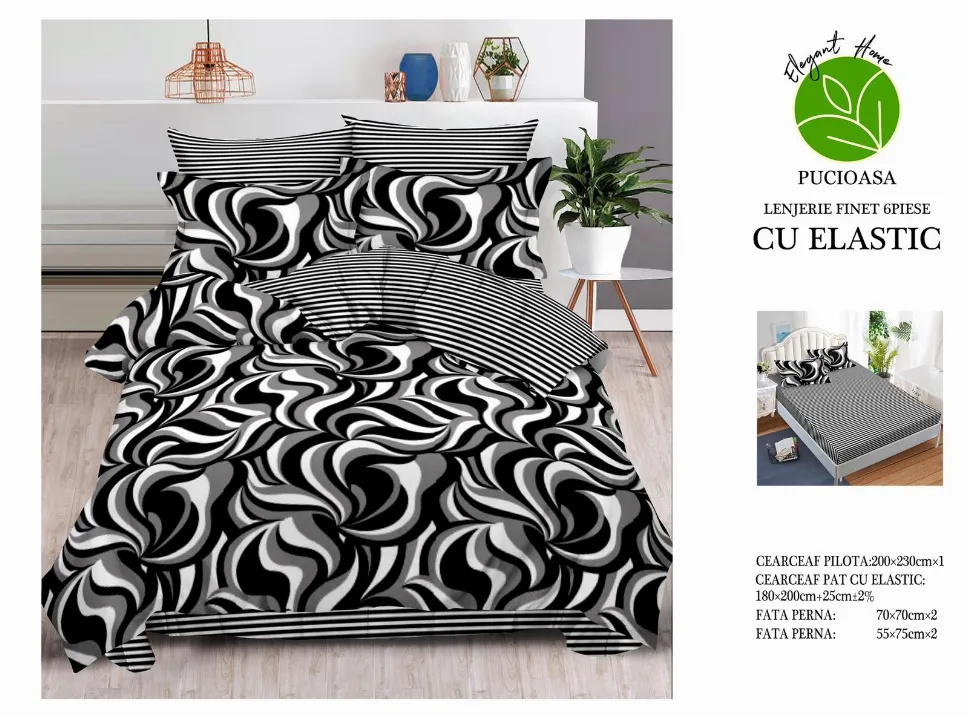 Lenjerii de pat cu Elastic - Lenjerii de pat Finet 6 piese cu Elastic, alb negru cu imprimeu abstract-T94