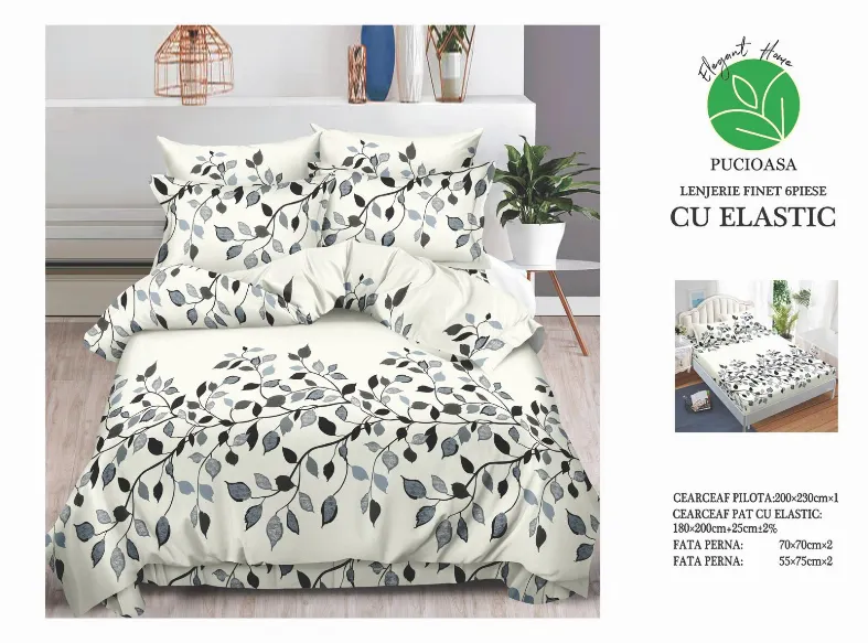 Lenjerii de pat cu Elastic - Lenjerii de pat Finet 6 piese cu Elastic, bej cu crengute si frunze negre-T110