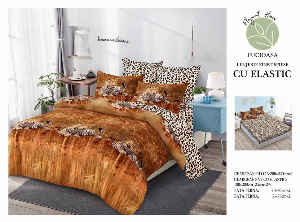 Lenjerii de pat cu Elastic - Lenjerii de pat Finet 6 piese cu Elastic, ocelot pe iarbă înaltă-T67