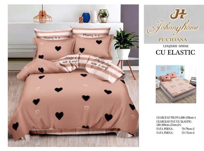 Lenjerii de pat cu Elastic - Lenjerii de pat Finet 6 piese cu Elastic, roz cu inimioare negre si roz-T13