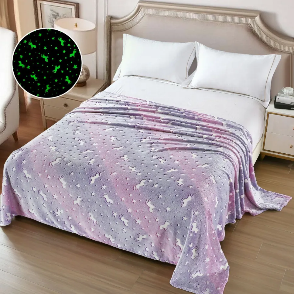 PATURI COCOLINO - Patura Cocolino Fosforescenta 200x230 cm, roz și gri cu unicorni albi-Z3