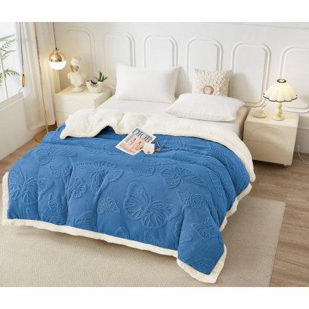 Patura Cocolino cu Blanita - Patura Groasa Cocolino cu Blanita, Albastru cu fluturi in relief-AB19