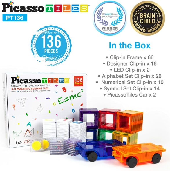 Picasso Tiles 136 Piece Deluxe Combo Clip-In Extension Set, Set Magnetic de construit PicassoTiles 136 de piese, cu litere cifre si semne [1]