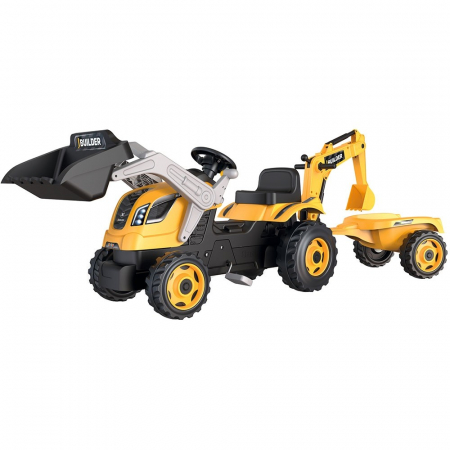 Jocuri de Rol - Tractor cu pedale si remorca Smoby Builder Max galben