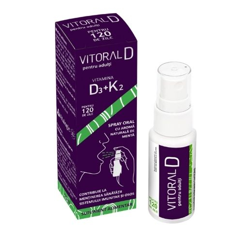 Vitamina D3 + K2 - Vitoral D pentru adulti spray oral - Supliment alimentar ce contine vitamina D3 si vitamina K2 pentru absorbtia normala a calciului si la mentinerea sanatatii sistemului osos si al dintilor. [1]